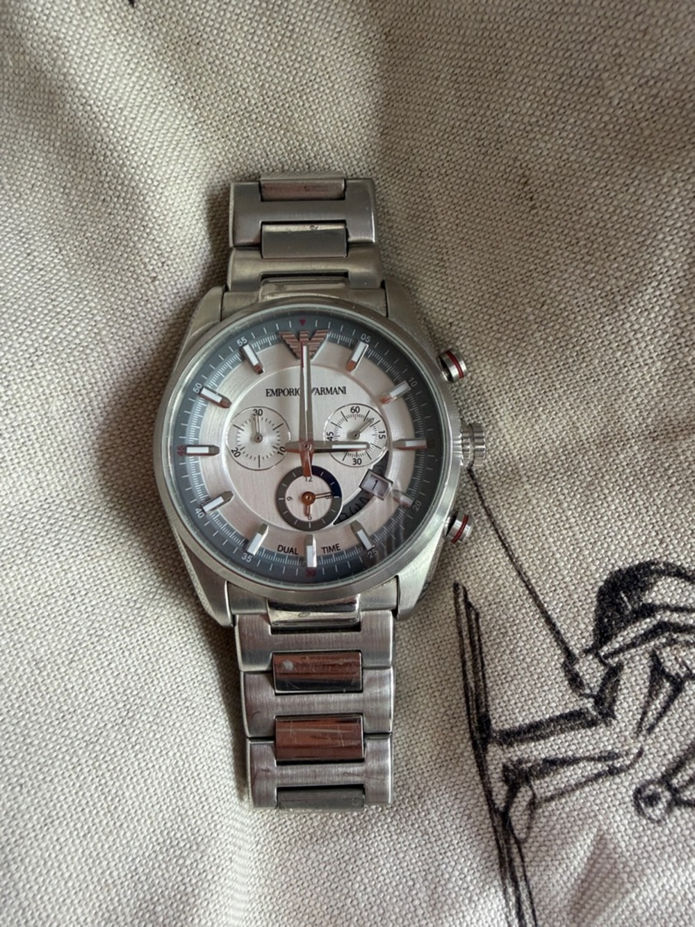 Emporio Armani Silver-Tone Dual Time Chronograph Watch